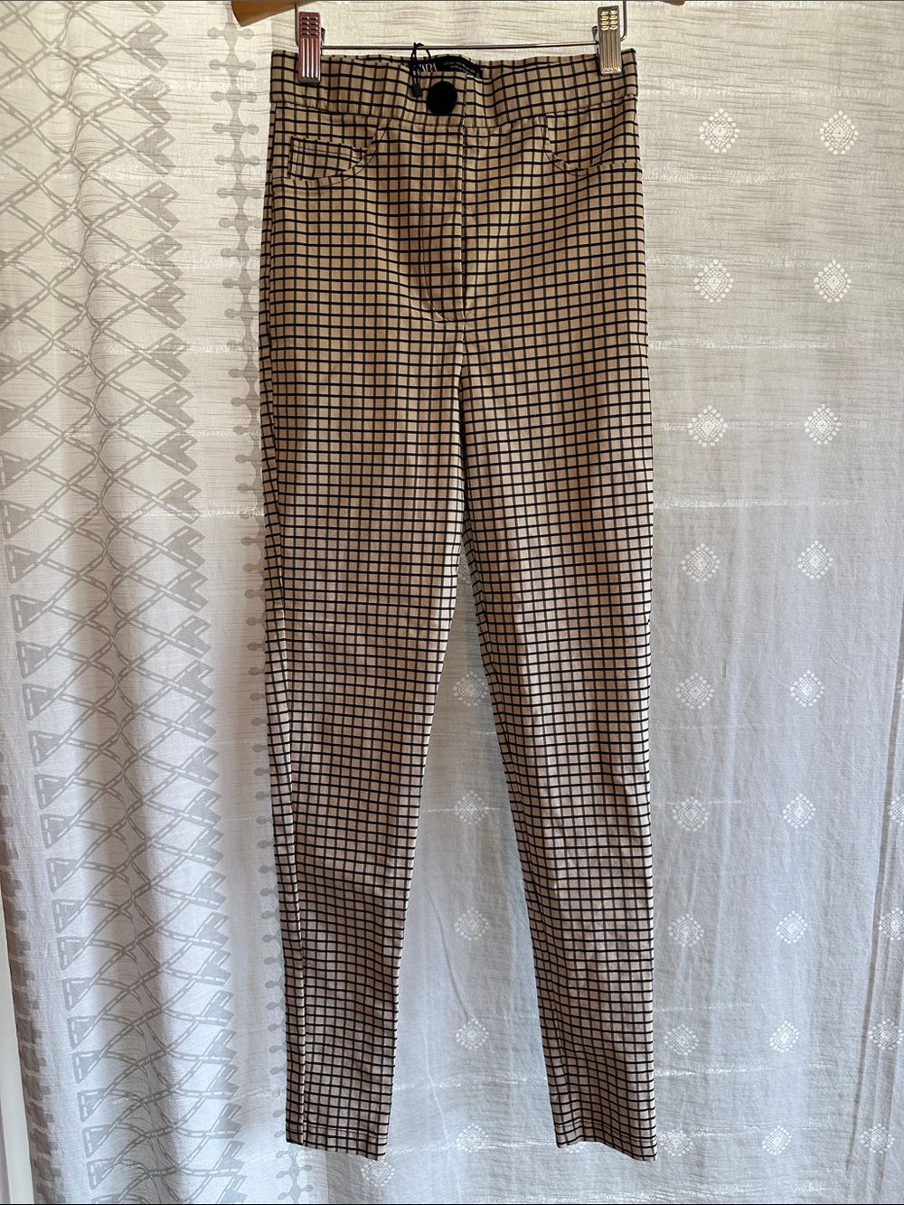 Zara Beige and Black Grid Slim Pants